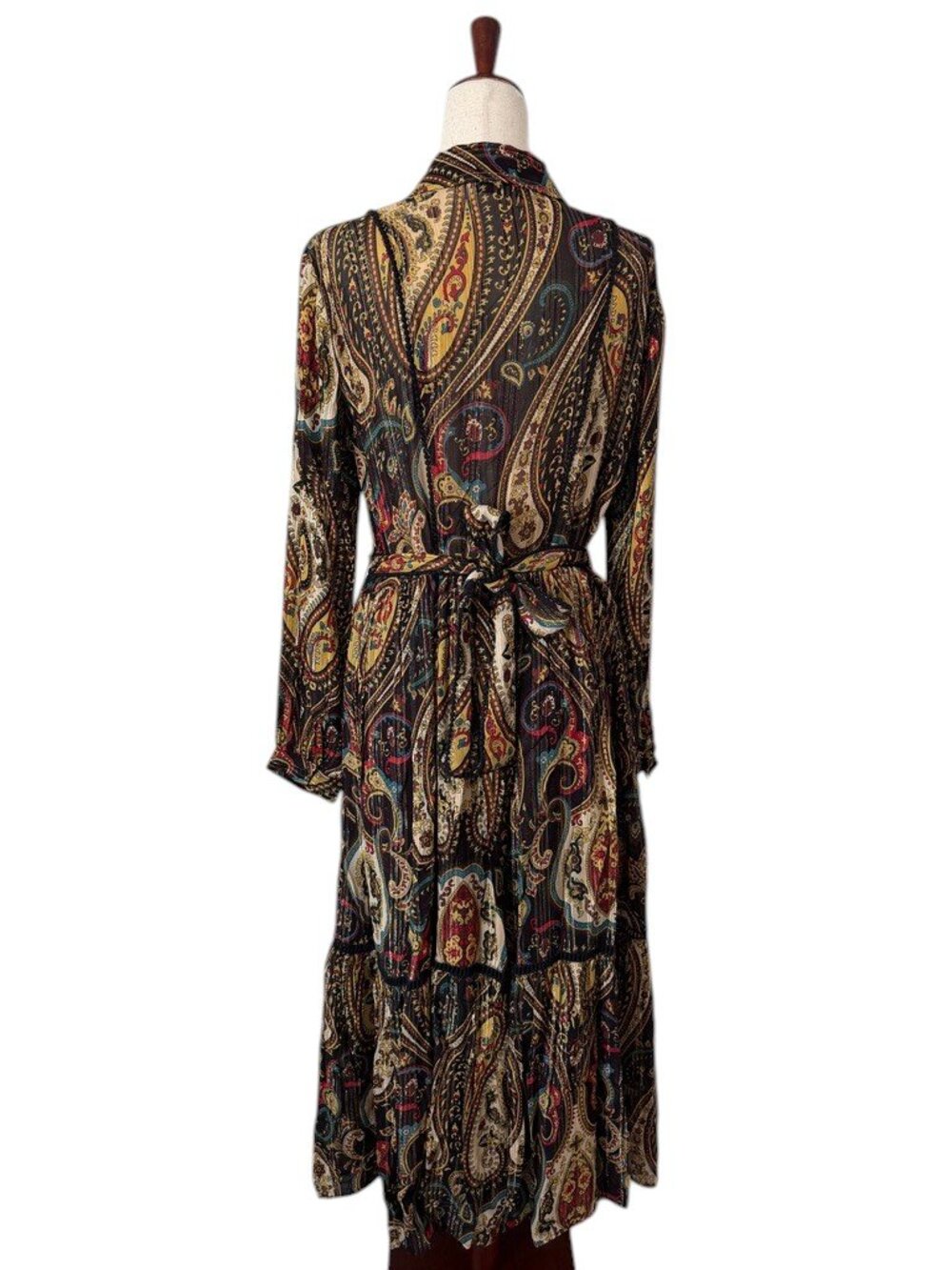 Paisley Print Maxi Dress Black Gold Teal Tiered Long Sleeve Collared Boho Belt - Picture 2 of 7